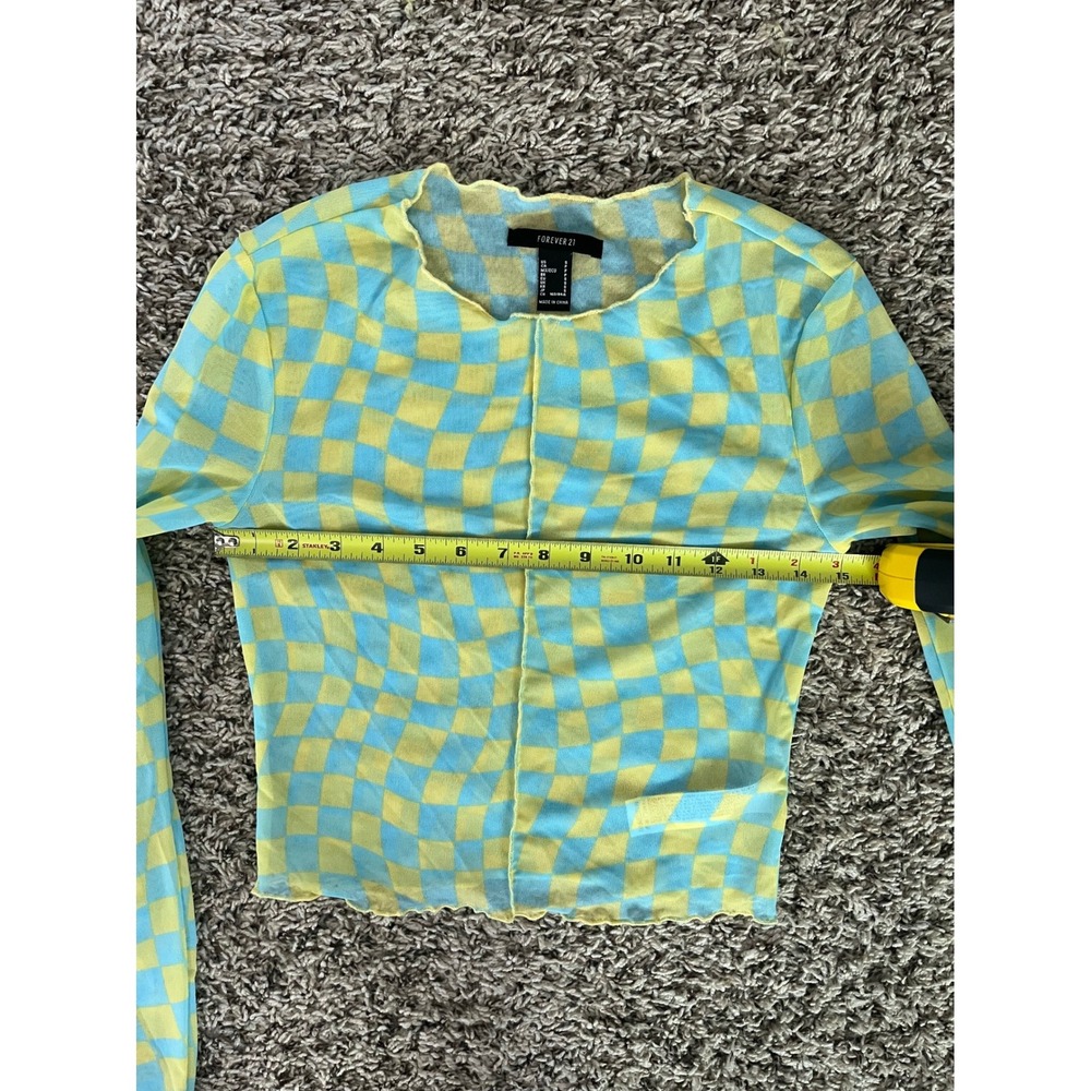 Forever 21 Women Yellow Blue Warped Checkerboard Mesh Long Sleeve Top Small - Picture 5 of 6